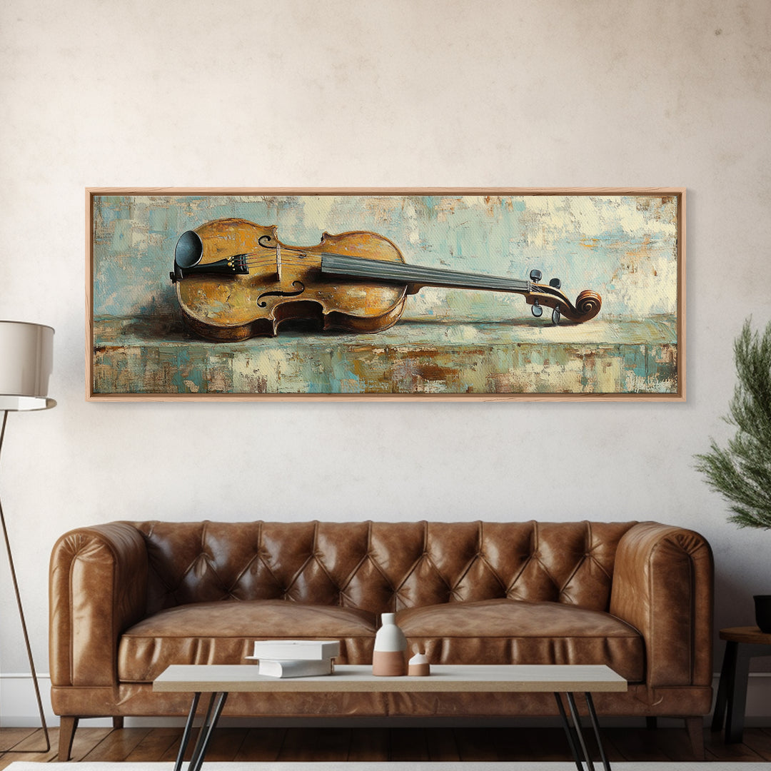 Antique Violin On Weathered Blue Table Framed Canvas Print, Music Room Wall Art, Rustic Studio Decor, Gifts For Musicians
