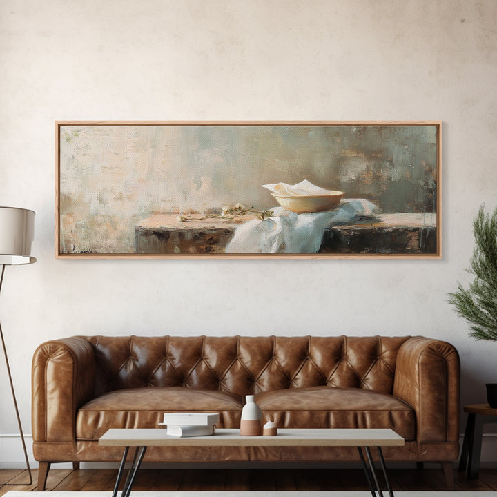 White Bowl Still Life On Linen Canvas Print, Minimalist Kitchen Wall Art, Neutral Wabi Sabi Decor, Calm Dining Room Print