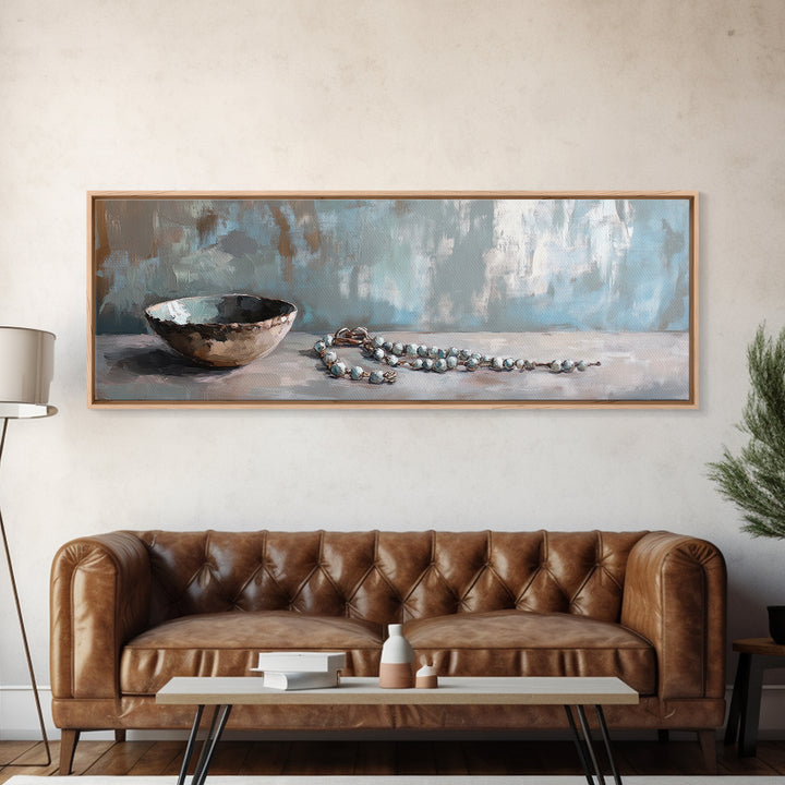 Rustic Bowl And Turquoise Beads Still Life Wall Art, Neutral Blue Home Decor, Wabi Sabi Canvas Art, Minimalist Office Decor