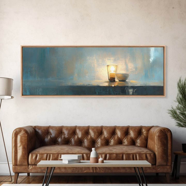 Glowing Candle And Small Bowl Minimalist Wall Art, Blue Wabi Sabi Home Decor, Calming Canvas Print, Zen Dining Room Decor