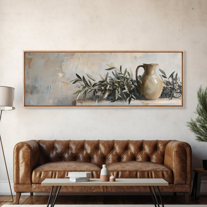 Olive Branches And Clay Pitcher Wall Art, Mediterranean Canvas Print, Rustic Kitchen Decor, Neutral Botanical Home Decor
