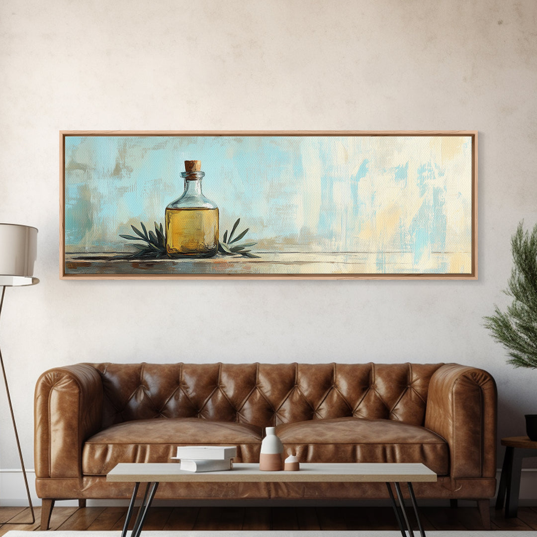 Amber Bottle And Green Leaves Wall Art, Minimalist Still Life Canvas Print, Rustic Kitchen Decor, Modern Farmhouse Home Decor