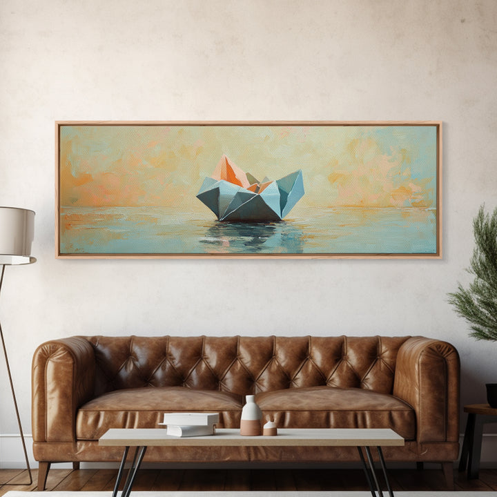 Origami Paper Boat On Calm Water Canvas Print, Coastal Wall Art, Nautical Home Decor, Beach House Living Room Decor, Above Sofa Art