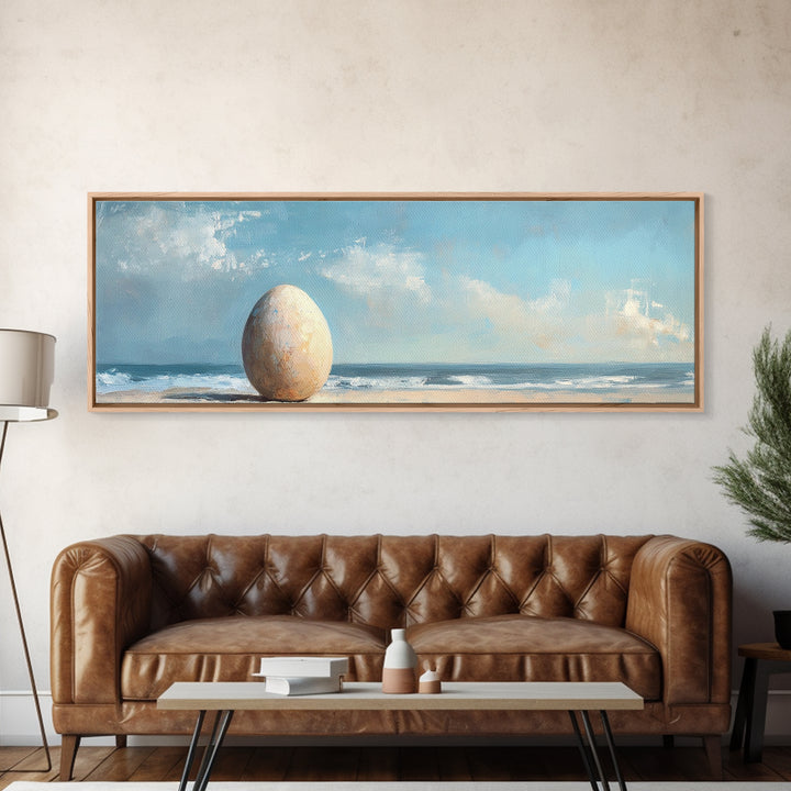 Large Egg On Quiet Shore Canvas Print, Surreal Beach Wall Art, Coastal Home Decor, Modern Seascape Living Room Decor, Ocean Art