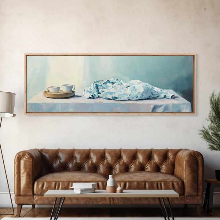White Tea Cups And Blue Draped Cloth Canvas Print, Serene Still Life Wall Art, Minimalist Kitchen Decor, Cozy Home Decor