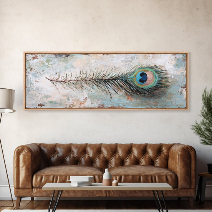 Peacock Feather On Distressed Blue Texture Wall Art, Long Horizontal Canvas, Rustic Coastal Decor, Boho Nature Print, Gift For Her