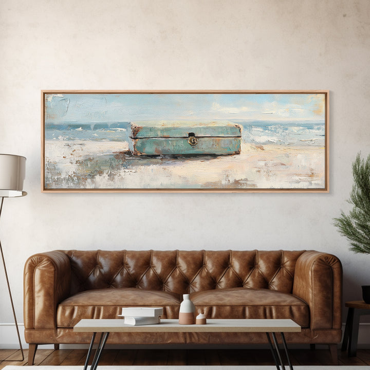 Weathered Blue Trunk On Sandy Beach Canvas Print, Coastal Wall Art, Ocean Seascape Decor, Nautical Housewarming Gift, Beach House Decor