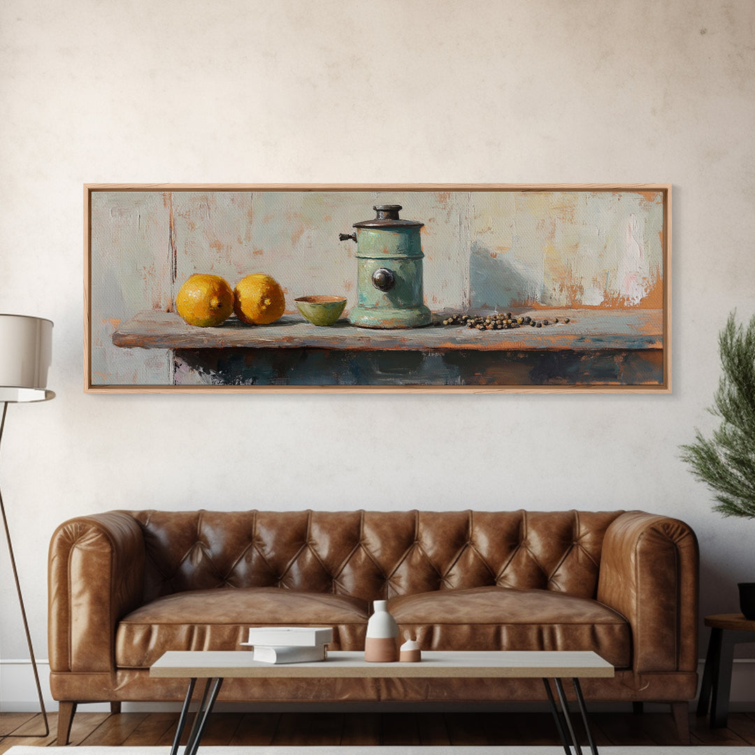 Rustic Coffee Grinder With Lemons Still Life Canvas Print, Kitchen Wall Art, Farmhouse Decor, Food Lover Housewarming Gift