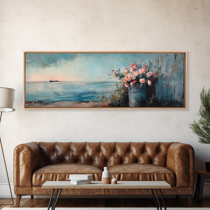 Blue Seascape With Flower Bucket Wall Art, Coastal Canvas Print, Beach House Decor, Ocean Landscape Housewarming Gift, Living Room Art