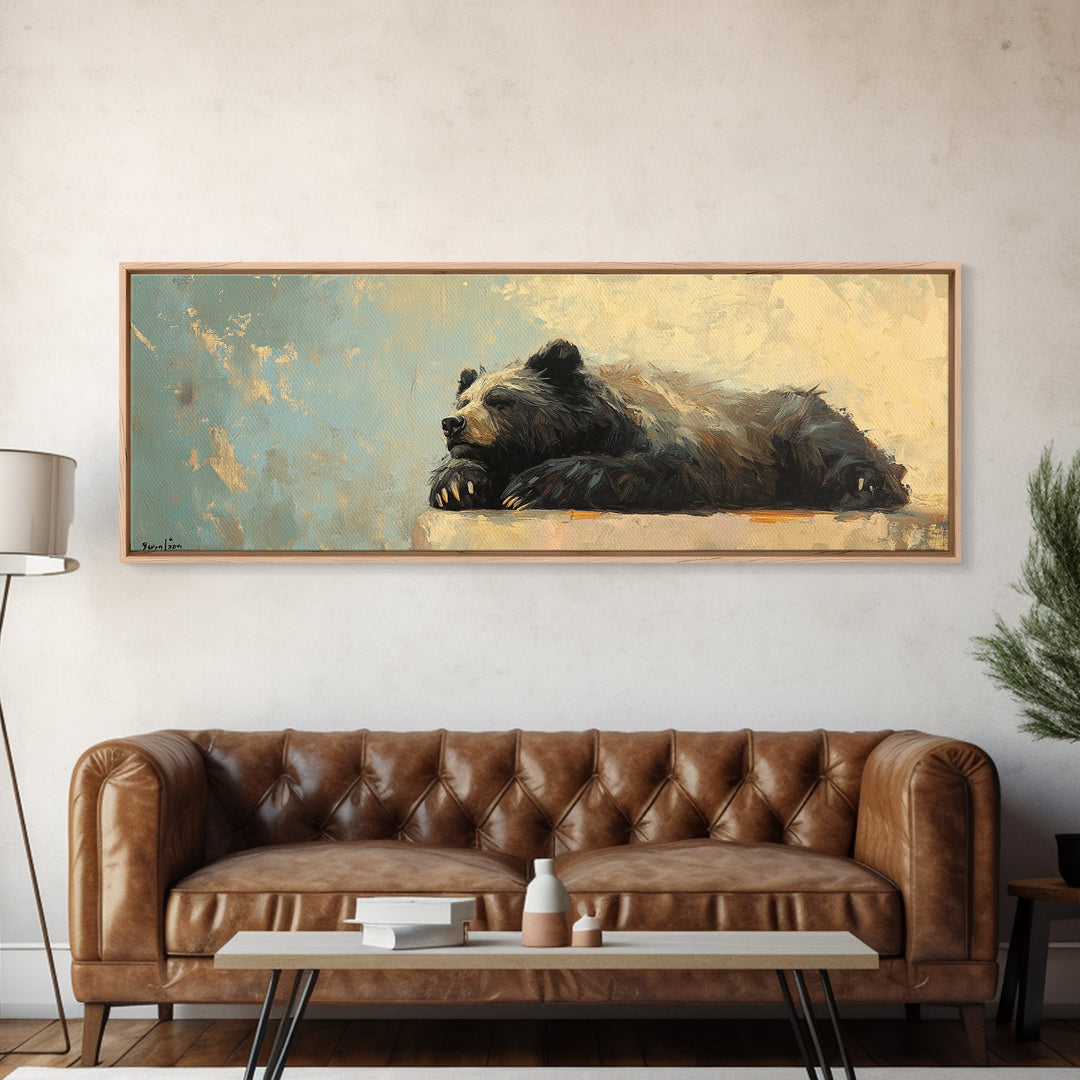 Resting Black Bear Oil Painting Framed Canvas Print, Rustic Wildlife Wall Art, Cabin Decor, Nature Lover Gift, Large Living Room Decor