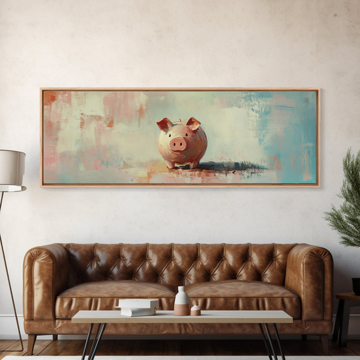 Pink Piggy Bank Oil Painting Canvas Print, Whimsical Wall Art, Cute Nursery Decor, Kids Room Art, Housewarming Gift, Fun