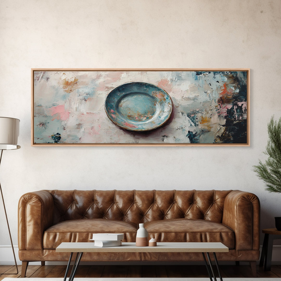 Weathered Blue Plate Wall Art, Minimalist Still Life Painting, Rustic Kitchen Decor, Textured Canvas Print For Dining Room