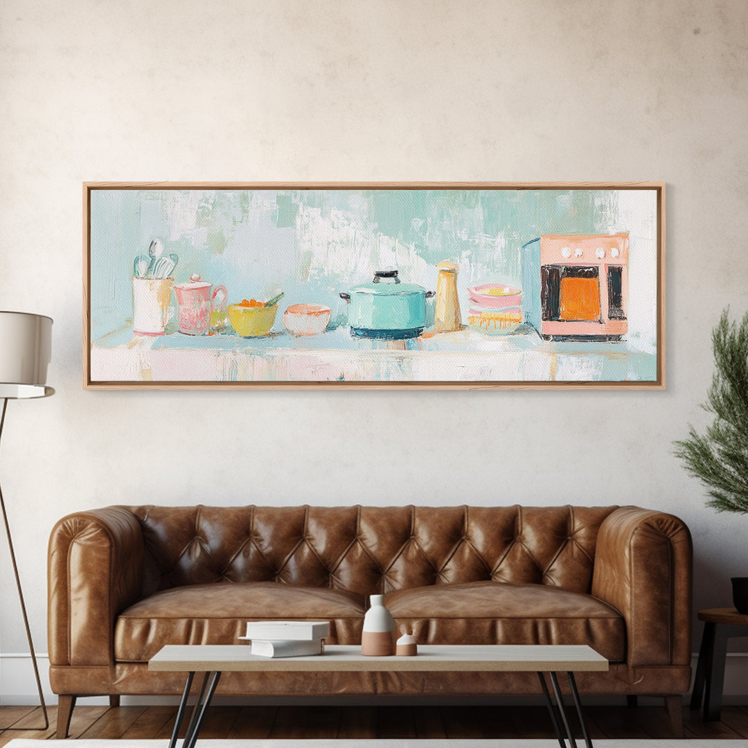 Pastel Kitchen Counter Canvas Print, Cozy Kitchen Wall Art, Modern Farmhouse Decor, Whimsical Cooking Art For Dining Room