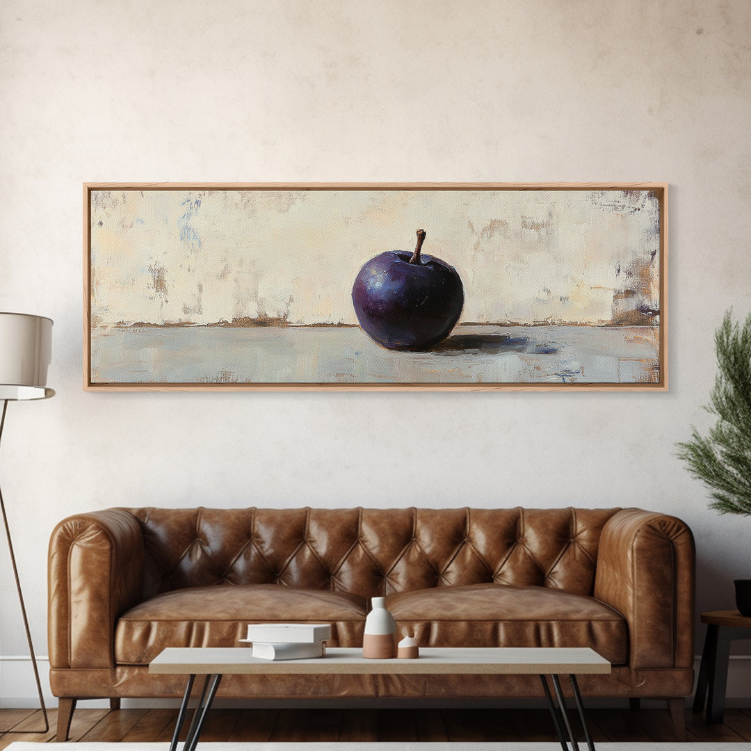 Single Purple Plum Still Life Wall Art, Minimalist Kitchen Decor, Moody Fruit Painting, Rustic Canvas Print For Dining Room