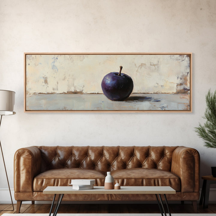Single Purple Plum Still Life Wall Art, Minimalist Kitchen Decor, Moody Fruit Painting, Rustic Canvas Print For Dining Room