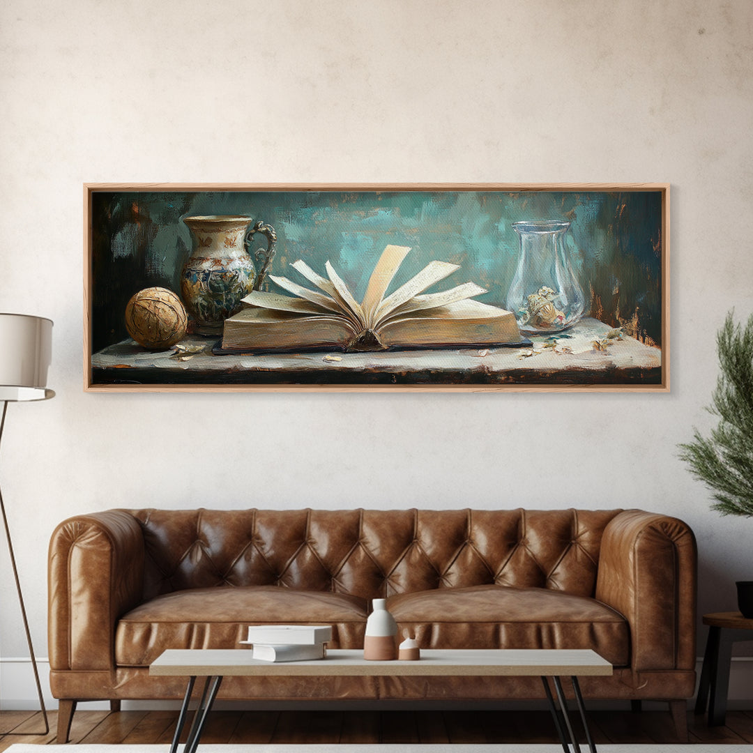 Open Antique Book With Vases Canvas Print, Dark Academia Wall Art, Literary Decor, Moody Library Reading Nook Home Decor