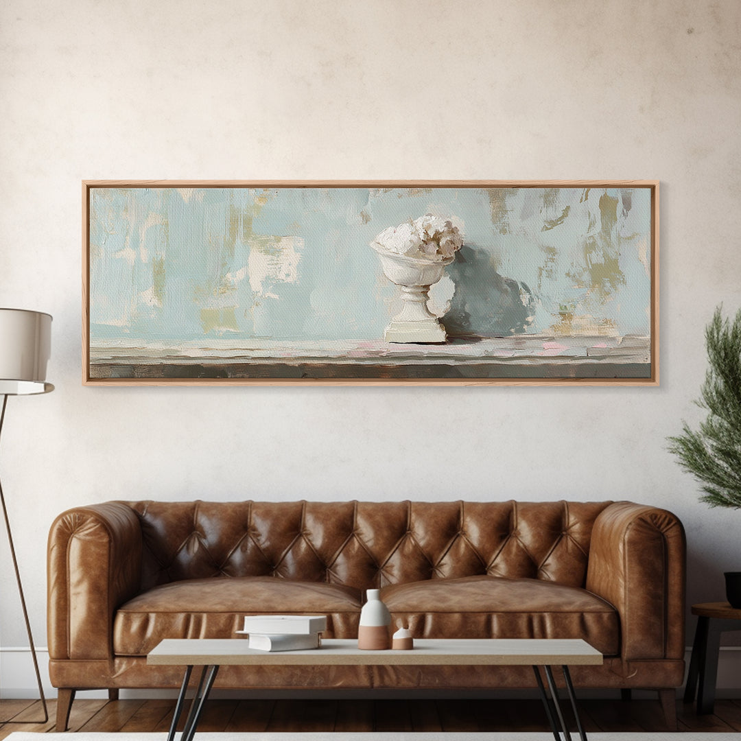 White Floral Urn Still Life Framed Canvas Print, Minimalist Wall Art, Neutral Calming Bathroom Decor, Wabi Sabi Home Decor