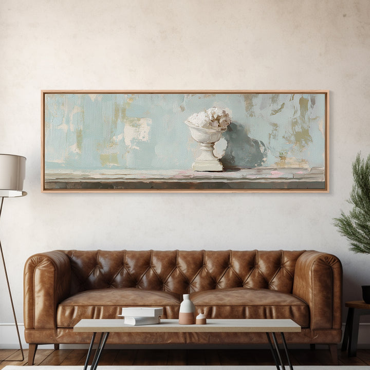 White Floral Urn Still Life Framed Canvas Print, Minimalist Wall Art, Neutral Calming Bathroom Decor, Wabi Sabi Home Decor