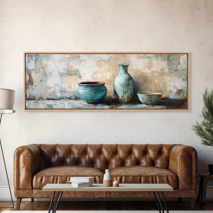 Turquoise Ceramic Vessels Still Life, Rustic Neutral Framed Canvas Print, Kitchen Wall Art, Modern Farmhouse Housewarming Gift