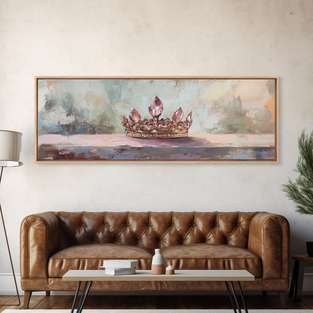Jeweled Princess Crown Still Life Framed Canvas Print, Feminine Wall Art, Romantic Bedroom Decor, Coquette Room Decor Gift For Her