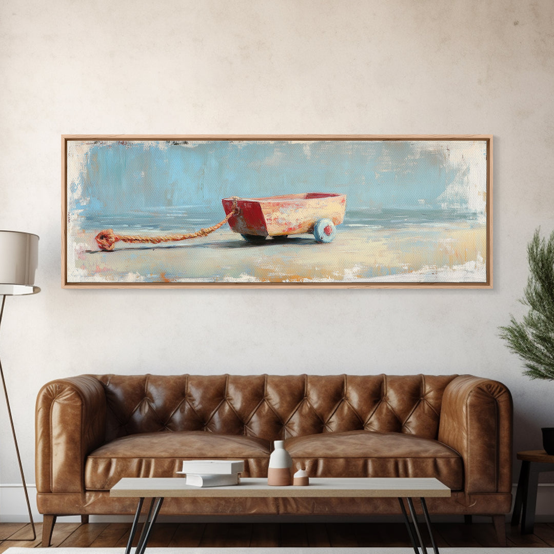 Small Red Toy Boat With Rope Framed Canvas Print, Nautical Wall Art, Coastal Nursery Decor, Beach House Gift For Kids Room Decor