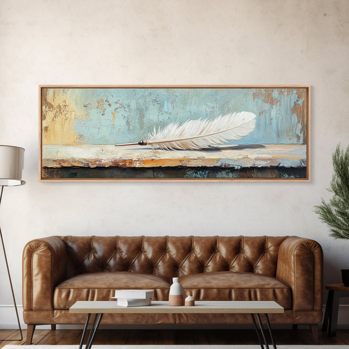 White Feather Still Life On Blue Canvas Print, Boho Wall Art, Minimalist Nature Decor, Peaceful Bedroom Decor Gift For Her