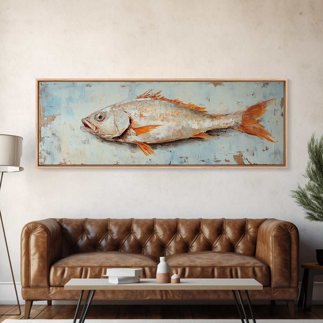 Textured Silver Fish Coastal Wall Art, Nautical Kitchen Decor, Seafood Painting Print, Beach House Ocean Art, Rustic Canvas