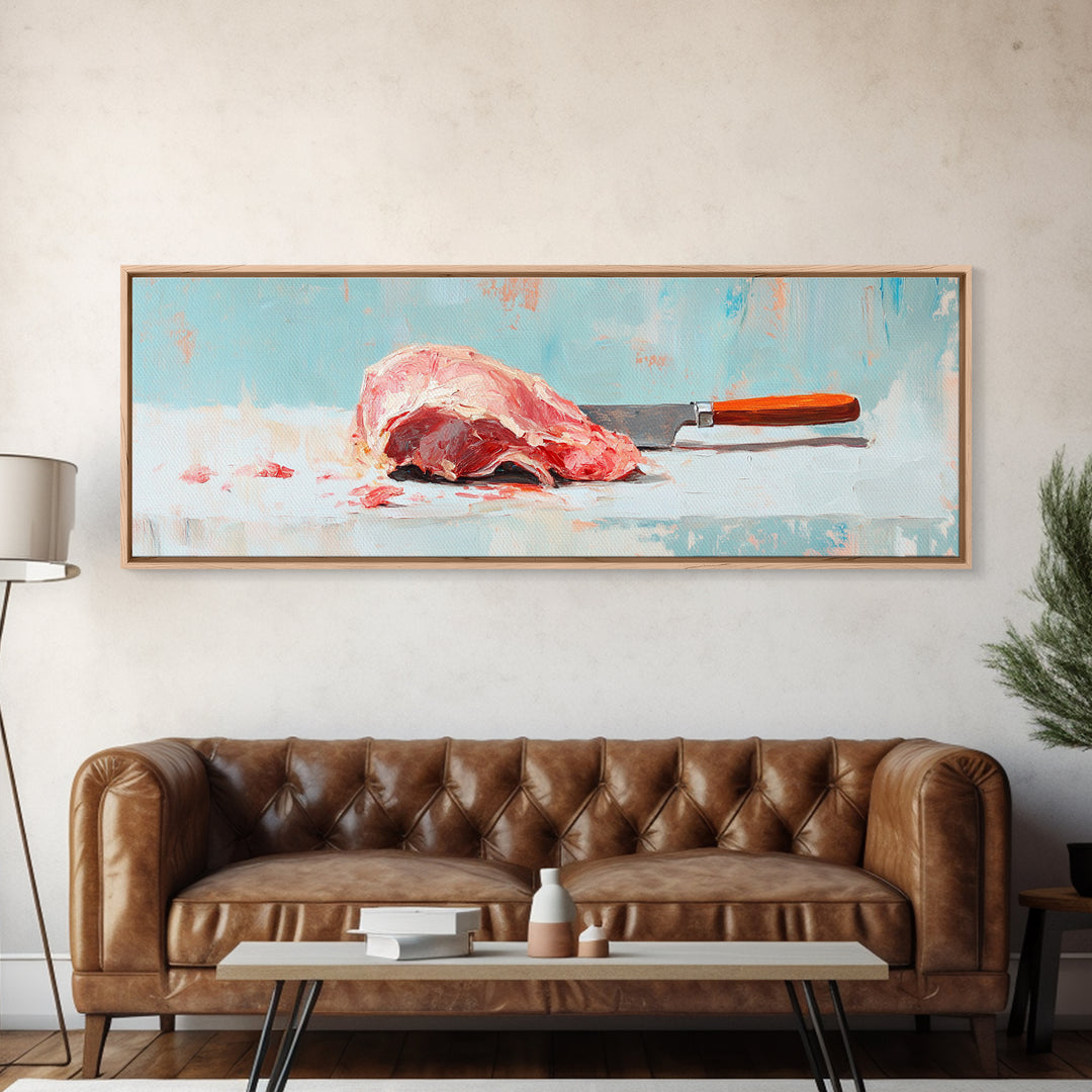 Pink Steak And Knife Kitchen Canvas Print, Butcher Shop Wall Decor, Foodie Gift, Rustic Still Life Art For Dining Room Decor