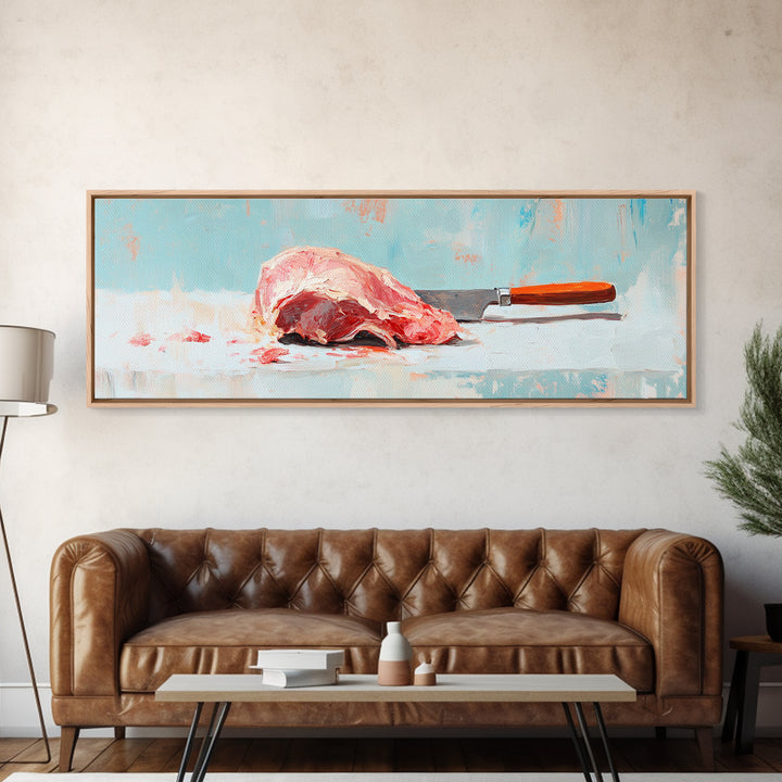 Pink Steak And Knife Kitchen Canvas Print, Butcher Shop Wall Decor, Foodie Gift, Rustic Still Life Art For Dining Room Decor