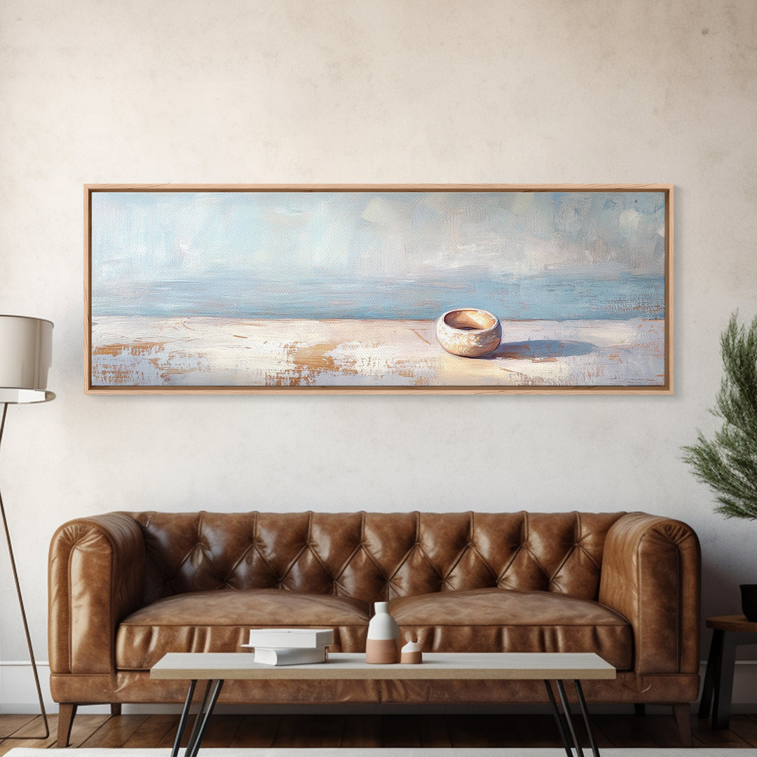Tiny Ceramic Bowl On Blue Ledge Wall Art, Minimalist Coastal Decor, Neutral Still Life Print, Calm Japandi Home Decor Art