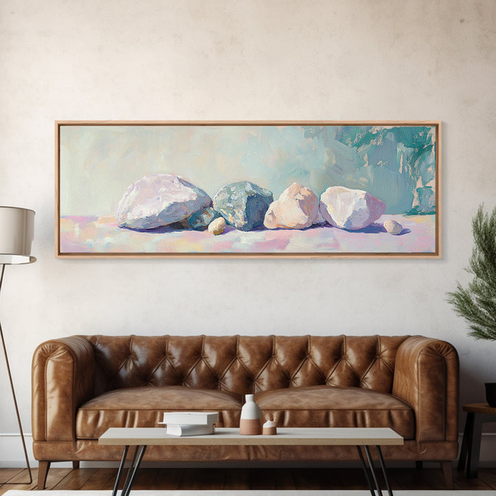 Pastel Stone Still Life Wall Art, Neutral Coastal Canvas Print, Minimalist Nature Decor, Serene Living Room Wall Decor Prints