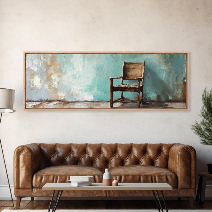 Rustic Empty Chair Wall Art, Moody Minimalist Framed Canvas Print, Wabi Sabi Office Decor, Neutral Living Room Wall Decor