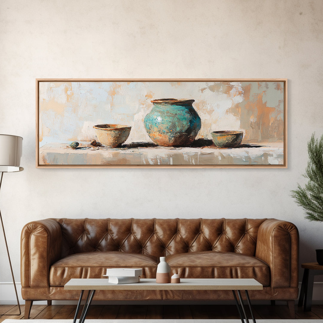 Turquoise Pottery Still Life Wall Art, Rustic Kitchen Decor, Farmhouse Canvas Print, Neutral Dining Room Art Print Gift Idea