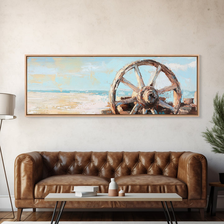 Weathered Wagon Wheel Wall Art, Coastal Beach Decor, Rustic Nautical Canvas Print, Beach House Wall Decor, Large Seascape Gift