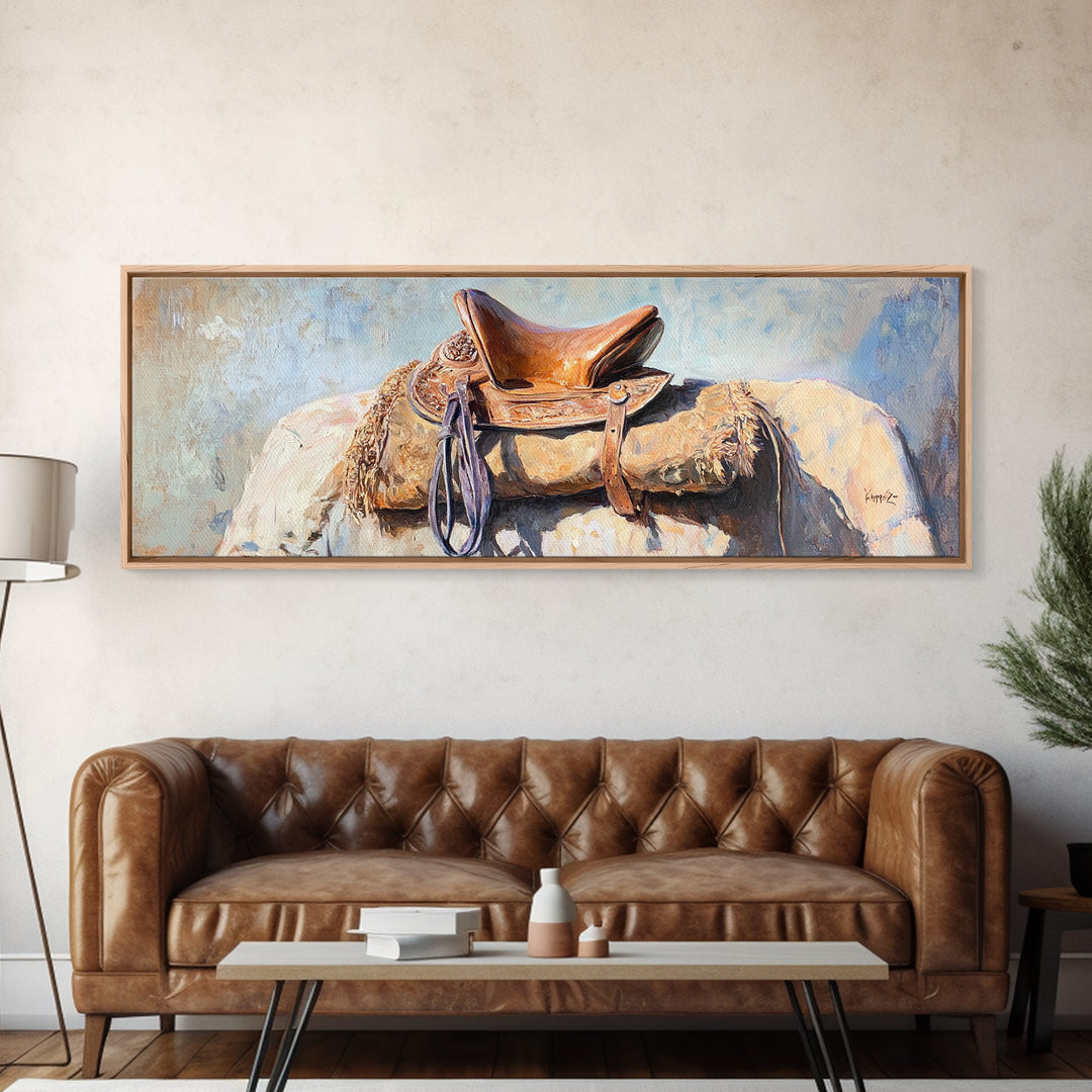 Western Horse Saddle Wall Art, Rustic Ranch Decor, Cowboy Farmhouse Canvas Print, Equestrian Wall Decor, Horse Lover Gift For Him