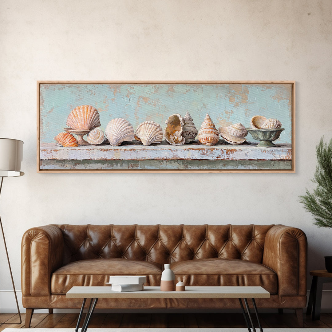 Pastel Seashell Shelf Still Life Framed Canvas Print, Coastal Wall Art, Beach House Decor, Nautical Bathroom Wall Decor, Ocean Print
