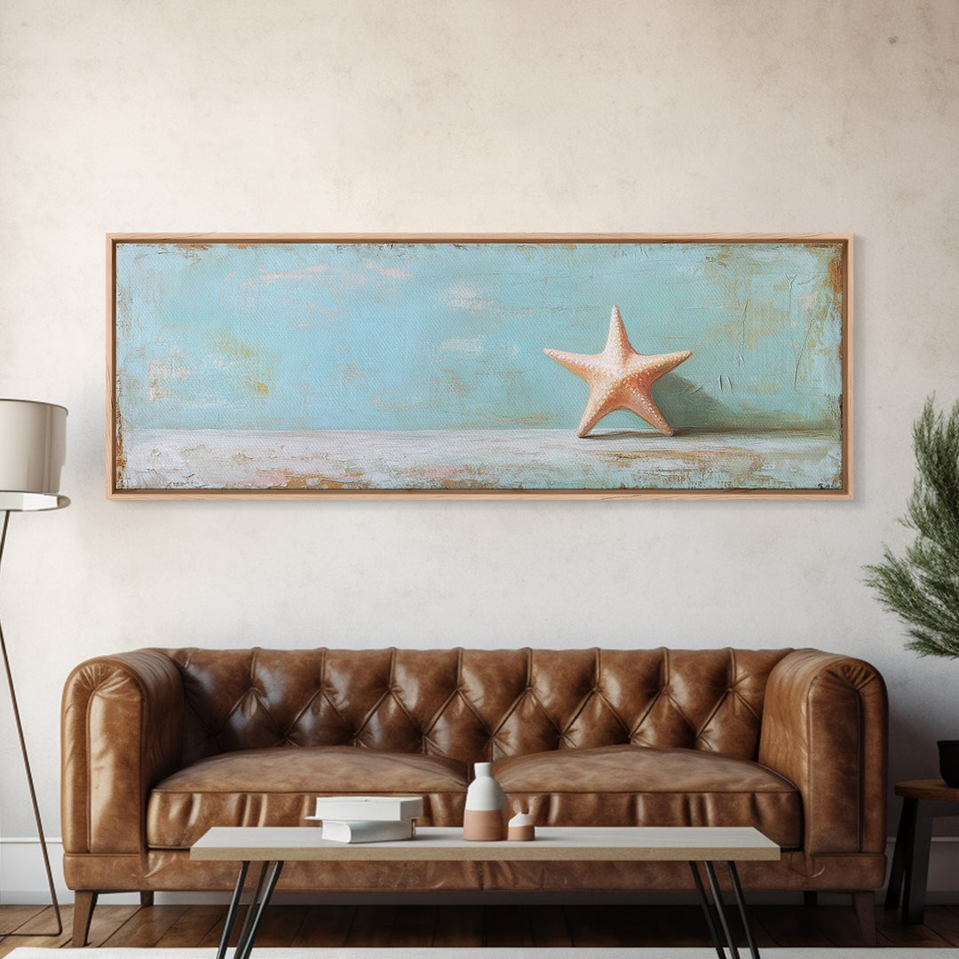 Single Starfish On Weathered Blue Shelf Wall Art, Minimalist Coastal Decor, Beach House Bathroom Canvas Print, Ocean Wall Decor