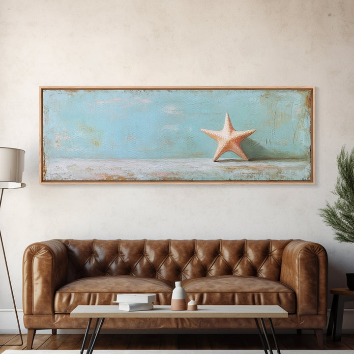 Single Starfish On Weathered Blue Shelf Wall Art, Minimalist Coastal Decor, Beach House Bathroom Canvas Print, Ocean Wall Decor