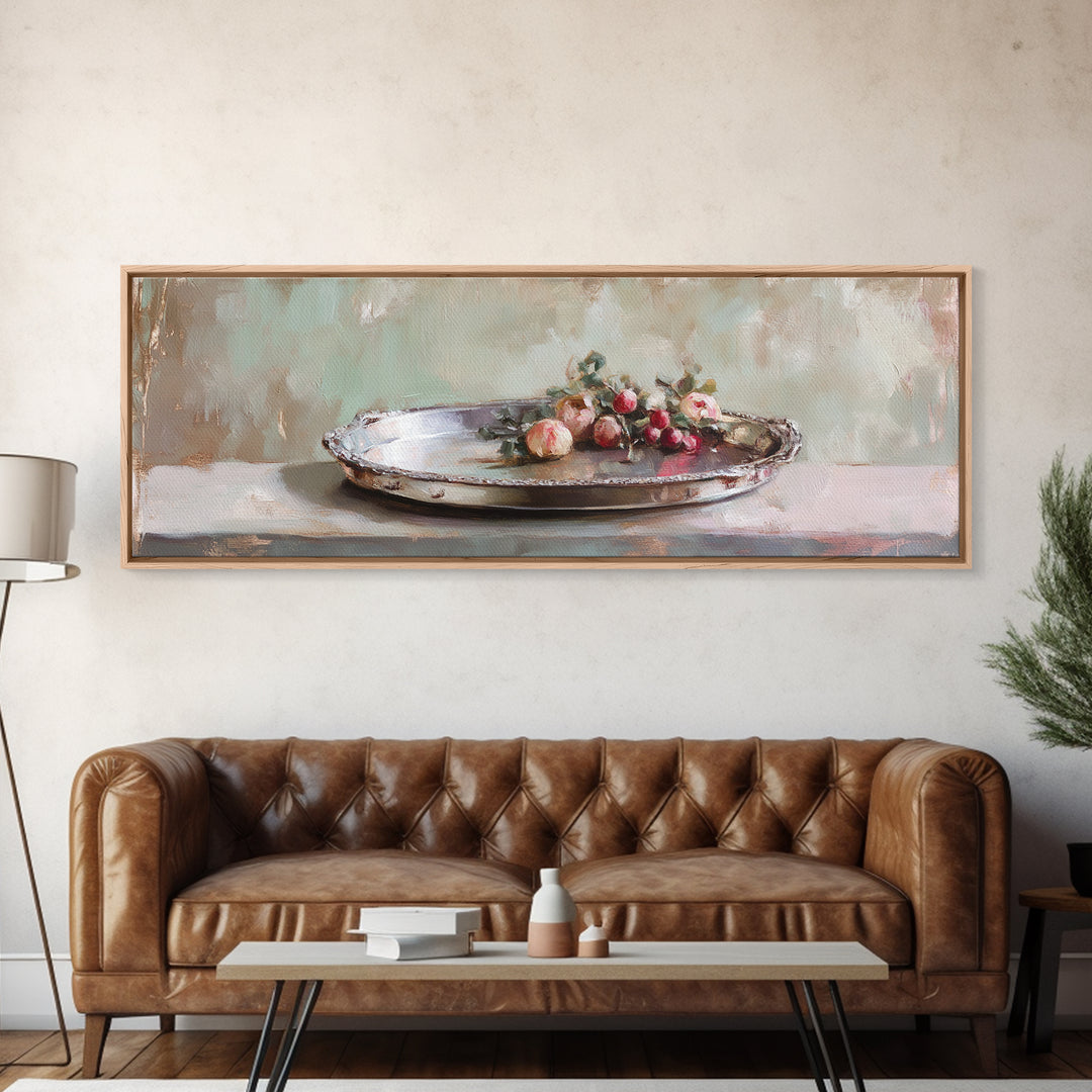 Antique Silver Tray With Red Berries Wall Art, Rustic Still Life Framed Canvas Print, Farmhouse Dining Room Decor, Kitchen Wall Decor