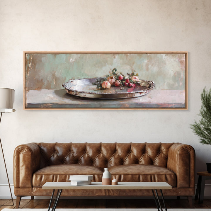 Antique Silver Tray With Red Berries Wall Art, Rustic Still Life Framed Canvas Print, Farmhouse Dining Room Decor, Kitchen Wall Decor