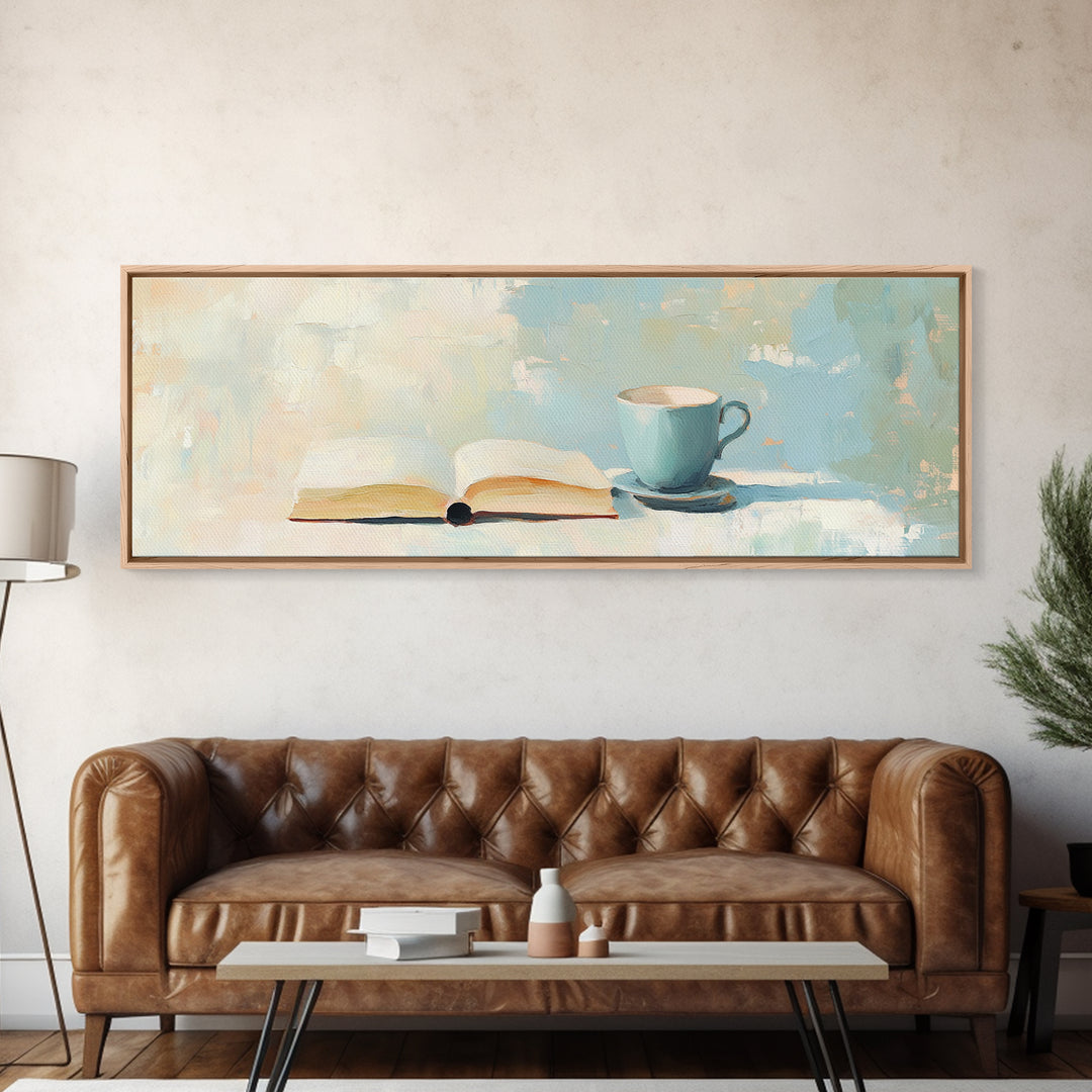 Open Book And Blue Teacup Wall Art, Cozy Reading Nook Print, Book Lover Gift, Minimalist Home Decor, Living Room Decor, Wall Decor