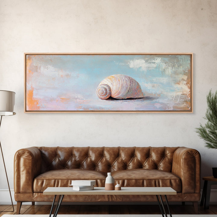 Pastel Seashell On Soft Blue Sand Canvas Print, Coastal Wall Art, Beach House Decor, Ocean Nursery Art, Seaside Gift For Her