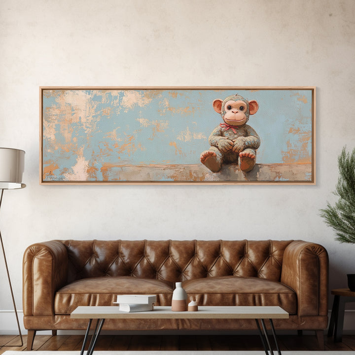 Plush Monkey Toy On Blue Nursery Wall Art, Whimsical Animal Art, Kids Room Decor, Baby Shower Gift, Cute Animal Canvas Print