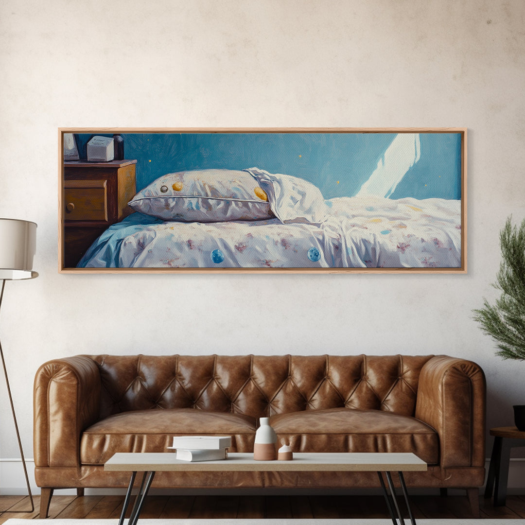 Sunlit Floral Bed With Blue Pillow Wall Art, Cozy Bedroom Decor, Guest Room Art, Above Bed Print, Romantic Canvas Print For Her