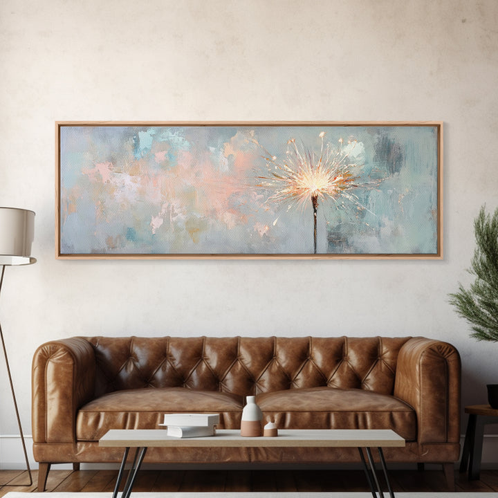 Bright Sparkler On Pastel Blue Canvas Print, Celebration Wall Art, New Year Decor, Party Wall Decor, Unique Gift For Her