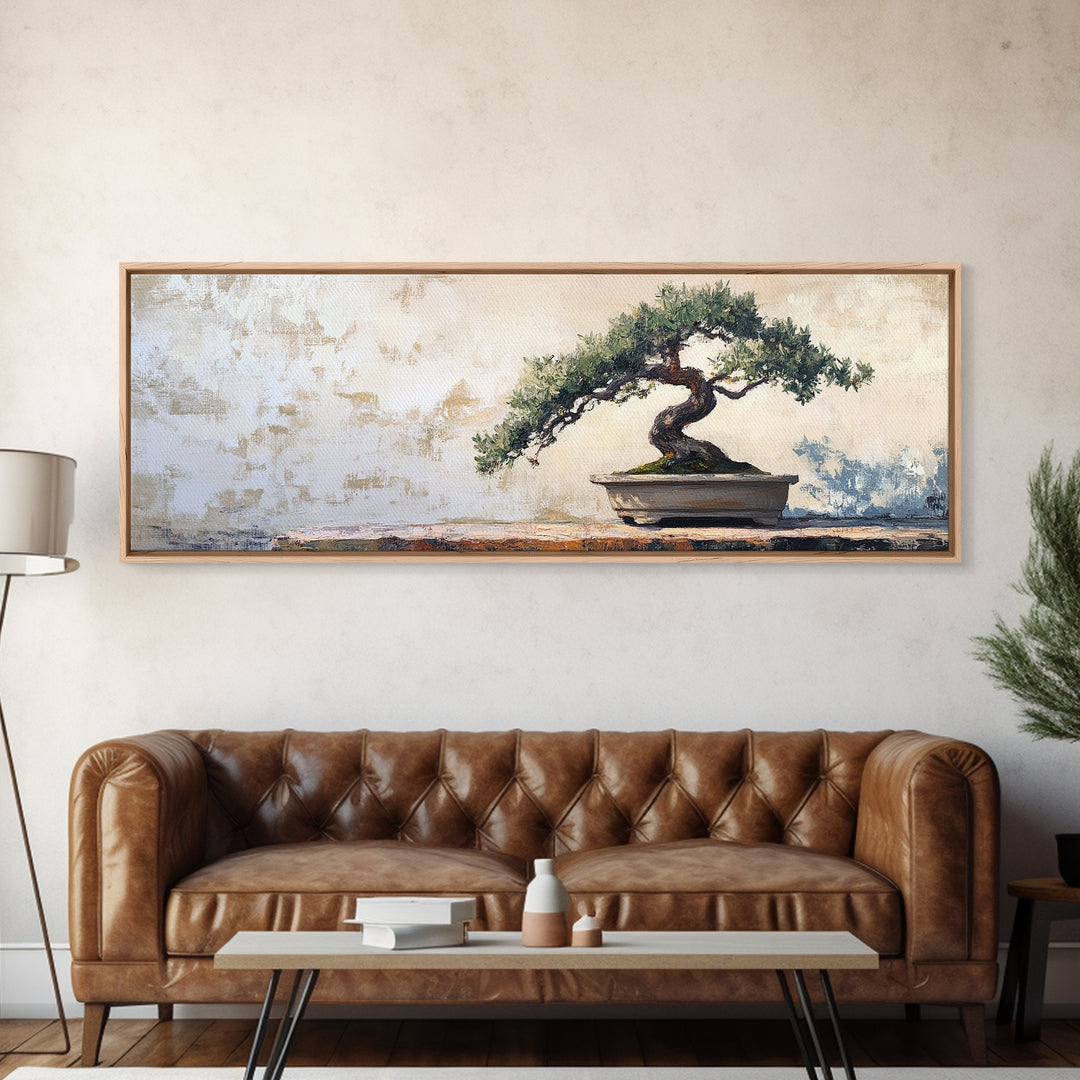 Twisted Bonsai Tree Framed Canvas Print, Japandi Zen Wall Decor, Minimalist Nature Art, Calm Office Living Room Decor Gift