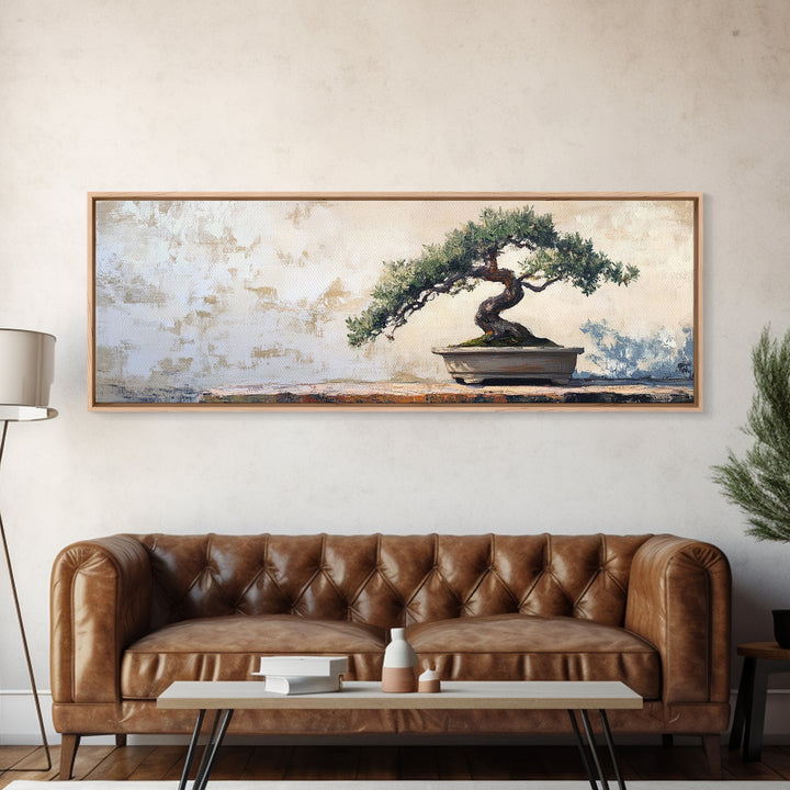 Twisted Bonsai Tree Framed Canvas Print, Japandi Zen Wall Decor, Minimalist Nature Art, Calm Office Living Room Decor Gift