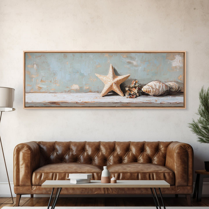 Starfish And Conch Shell Wall Art, Coastal Bathroom Decor, Beach House Canvas Print, Nautical Ocean Home Decor Housewarming Gift