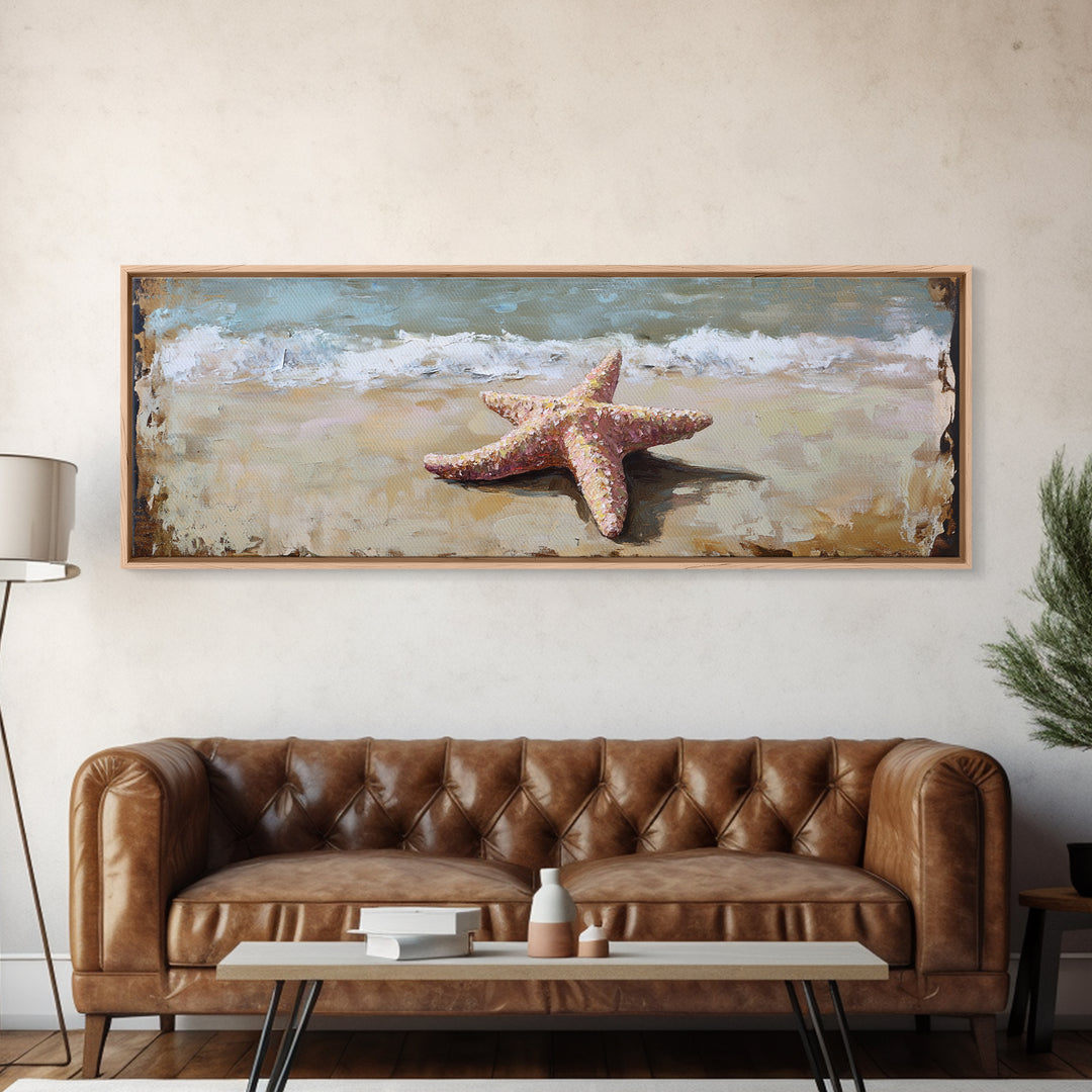 Pink Starfish On Sandy Beach Canvas Print, Coastal Wall Art, Ocean Waves Decor, Summer Beach House Bathroom Wall Decor Gift