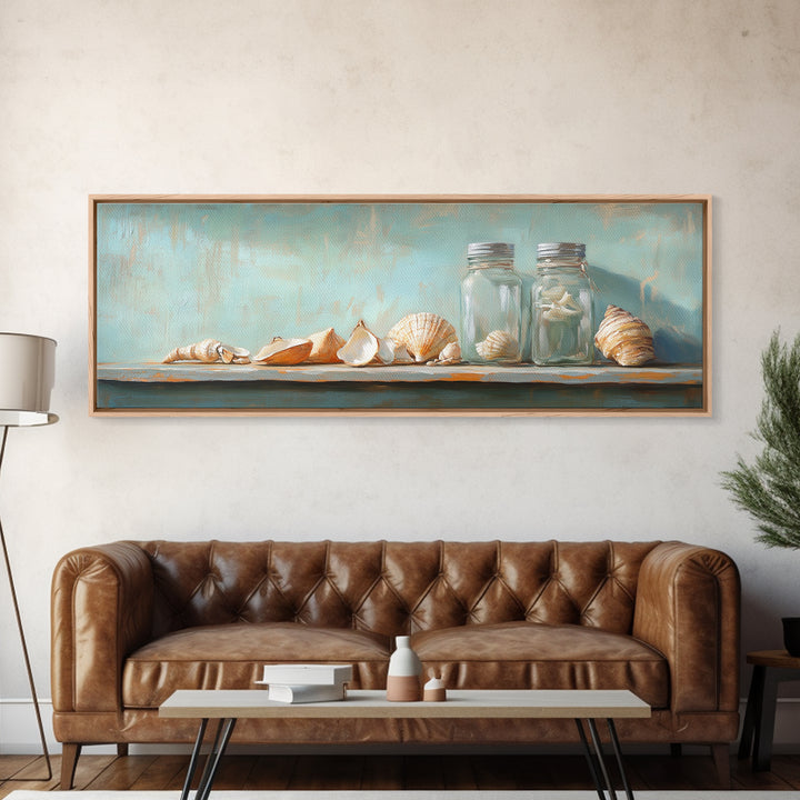 Seashells And Glass Jars Wall Art, Coastal Bathroom Decor, Beach House Canvas Print, Nautical Ocean Home Shelf Decor Gift